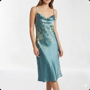 Satin Cowl Neck Teal Floral Slip Dress Night Gown Adjustable Wmn's XL